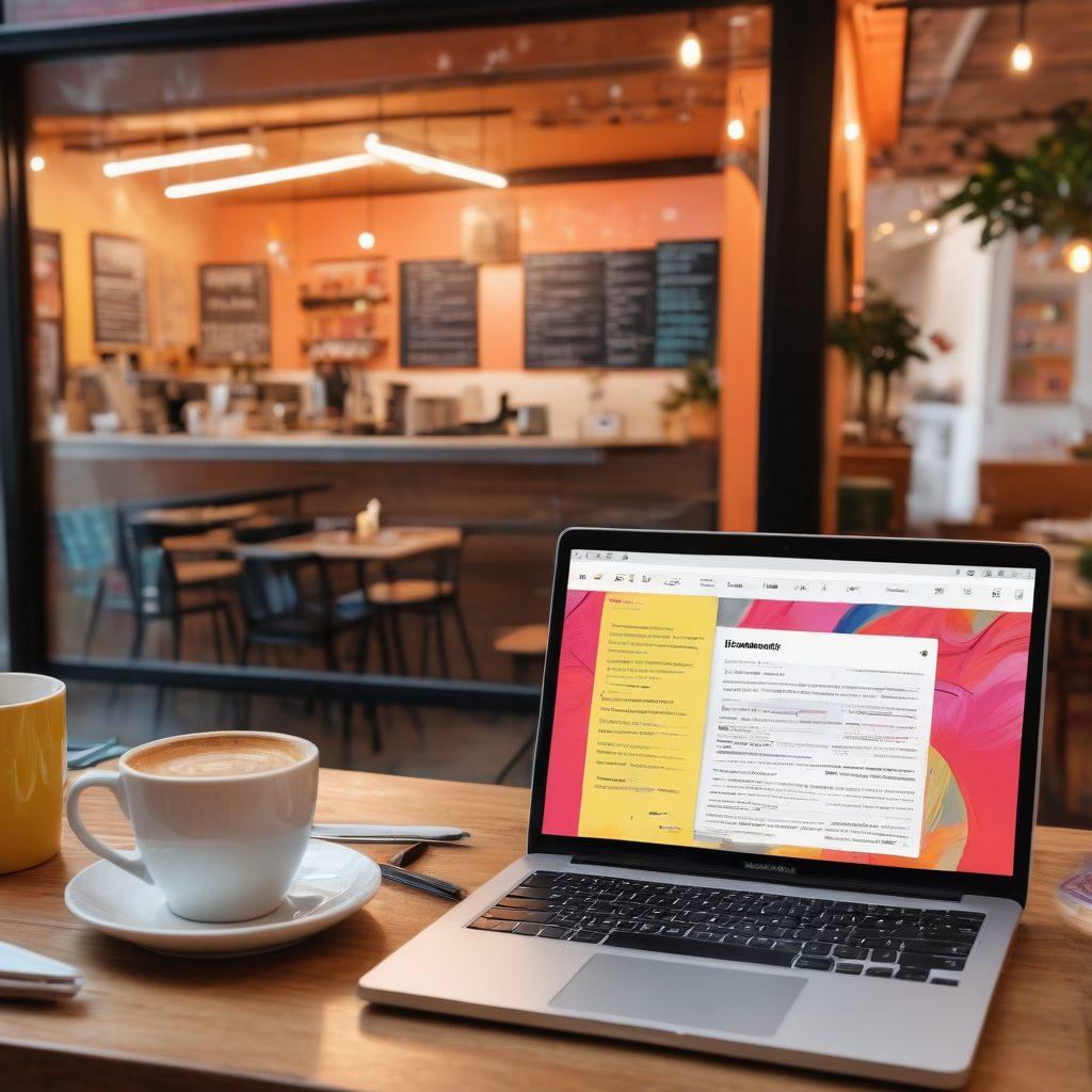 A split-image design illustrating a digital journal transitioning into a vibrant lifestyle blog, featuring a glowing laptop with colorful digital notes on one side, and a lively café scene with bloggers writing and sharing experiences on the other. Include elements like coffee cups, inspirational quotes floating in the air, and a warm, inviting atmosphere. super-realistic. vibrant colors.