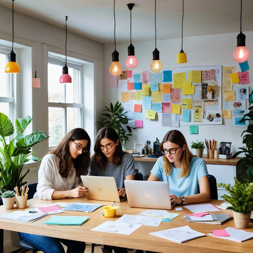 A diverse group of bloggers brainstorming ideas, surrounded by colorful post-it notes and laptops. One person has a light bulb hovering above their head, symbolizing creativity, while another sketches a blog layout on a tablet. A vibrant, modern workspace is filled with plants and art supplies, reflecting a lively atmosphere. Elements of technology and inspiration blend seamlessly in the scene. vibrant colors. super-realistic. white background.